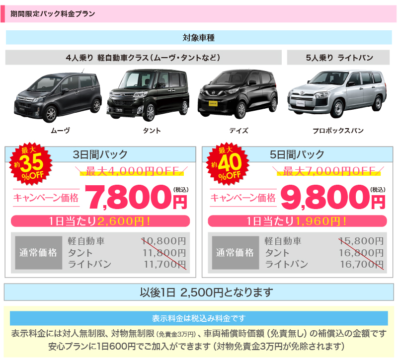 対象車種 ムーヴ・タント・プロボックス 3日間7800円 5日間9800円