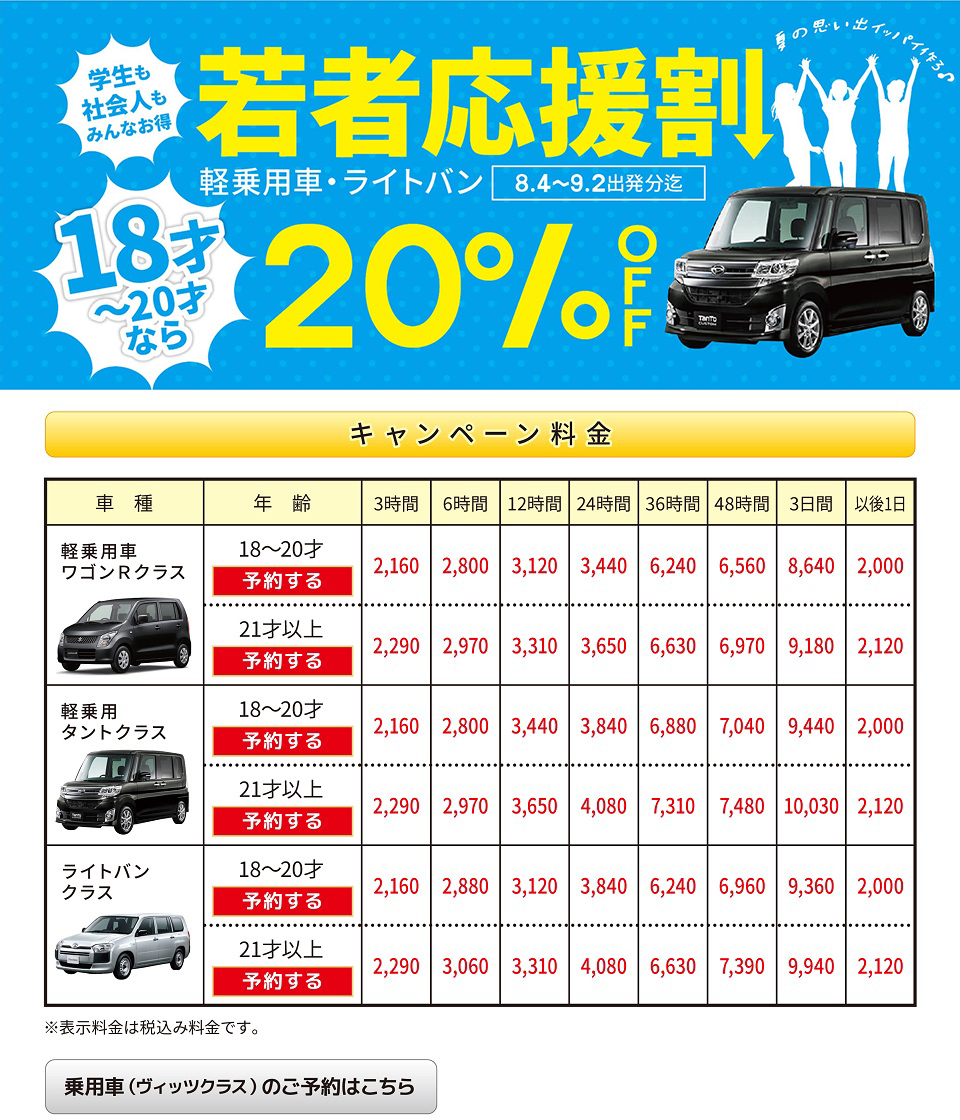 夏の若者応援割 安城店の注目情報 24時間営業のジャパンレンタカー