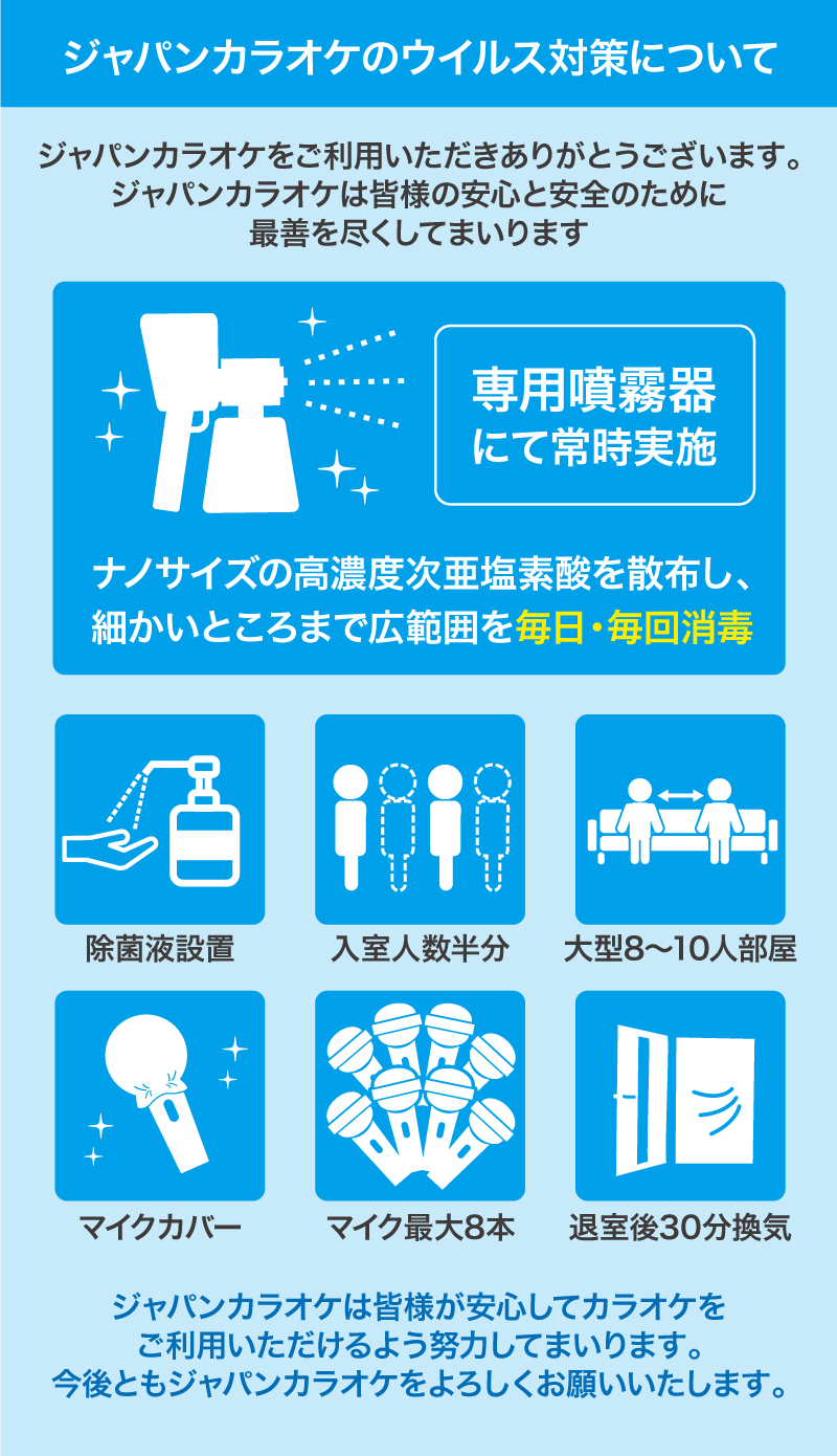 ウイルス対策について 24時間営業 飲食持込okのジャパンカラオケ 名古屋 愛知 岐阜 三重 北陸 甲信 静岡 関東 関西